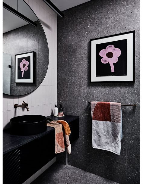 Dark Grey Terrazzo Bathroom, Grey Terrazzo Bathroom, Grey Terrazzo Floor, Terrazzo Bathroom, Girls Bathroom Ideas, Moody Bathroom, Style Tiles, Girl Bathrooms, Black Vanity