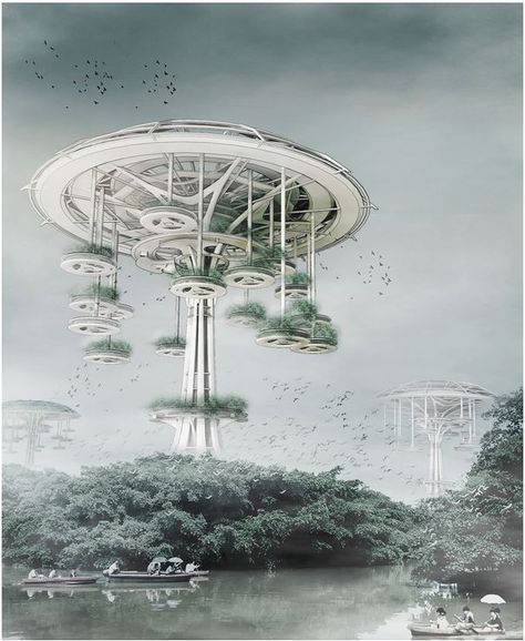 eVolo's 20 Most Innovative Skyscrapers,Floating Waterfront Village: Trees of Life / Yi Wang, Jin Wei. Image Courtesy of eVolo Futuristic Building, Future Buildings, Architectural Competition, Skyscraper Architecture, Architecture Magazines, Green Architecture, Futuristic City, Future City, Architecture Portfolio