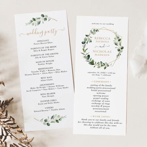 Gold Greenery Wedding, Roses And Eucalyptus, White Wedding Ceremony, Eucalyptus Watercolor, Gospel Reading, Opening Prayer, Zazzle Wedding, Wedding Ceremony Programs, Geometric Frame