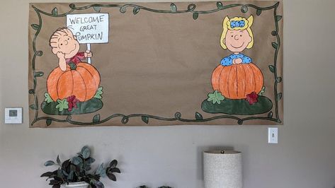 Hand painted Halloween Linus and Sally waiting for the great pumpkin brown Kraft paper banner sign.  My signs come in 2 sizes,  each of the signs are  approximately 23"x 6 feet or 3 feet x 6 feet.  Each sign can be left blank or can be personalized with wording of your choice. Once a purchase is made, I will message you a sketch of the wording you have chosen for your banner to ensure everything is perfect before painting!  The signs can be attached to with pushpins or tape and can easily be stored in the shipping tube for use at another time or date. Once your banner is finished it will be rolled and shipped via USPS in a shipping tube. Current processing and shipping times take 2-3 weeks. Please contact me if you need to place a rush order and I will do my best to fill it in time. Snoopy Banner, Kraft Paper Banner, Painted Banners, Hand Painted Halloween, Halloween Bulletin Boards, Charlie Brown Thanksgiving, Great Pumpkin Charlie Brown, The Great Pumpkin, Thanksgiving Banner