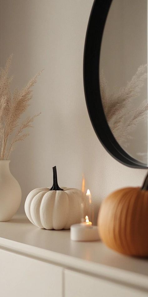 Transform your space with minimalist Halloween decor thats both chic and spooky. Focus on clean lines and geometric shapes, using black and white as your primary palette. Incorporate subtle metallic accents for a touch of glamour. Display a single, oversized spiderweb in a corner or arrange a collection of white skulls on a mantel. Use lighting strategically to cast eerie shadows and create atmosphere. This refined approach allows for a stylish celebration of the Halloween season that's both ele Halloween Home Decor Minimalist, Halloween Minimalist Decor, Halloween Decor Minimalist, Minimalistic Fall Decor, Halloween Chic Decor, Halloween Aesthetic Decor, Halloween Decor Modern, Primary Palette, Minimalist Halloween Decor