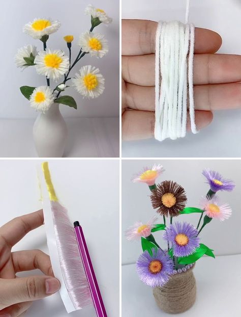 Easy DIY Wool Flower Making Tutorials | flower, yarn, tutorial | How to Make Beautiful Flower with Yarn :) | By Simple Crafts Wool Flowers How To Make, Woolen Flower Making, Pompom Flowers, Wool Crafts Diy, Yarn Flower, Woolen Flower, Diy Wool, Flower Pot Design, Yarn Flowers