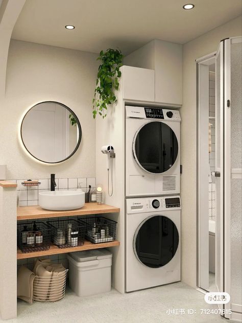 Small Bathroom Ideas Washing Machine And Dryer, Small Utility Bathroom Ideas, Laundry Room Modern Luxury, Washer Dryer Under Bathroom Sink, Washer And Dryer In The Bathroom, Toilet With Washing Machine And Dryer, Washroom With Washing Machine, Washer Dryer In Small Bathroom, Washing Machine On Top Of Dryer