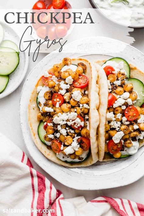 This easy Greek chickpea gyros recipe is delicious, especially with some tzatziki sauce! The roasted chickpea are crispy. This vegetarian gyros recipe is great for dinner or lunches. You'll love these easy homemade gyros — kids love them, too. Dinner Recipe With Chickpeas, Healthy Dinner Chickpeas, Roasted Chickpea Gyros, Chickpea Gyro Recipe, Gyro Recipe Vegetarian, Dinner Ideas With Chickpeas, Greek Vegetarian Recipes Dinner, Greek Chickpea Recipes, Easy Greek Meals