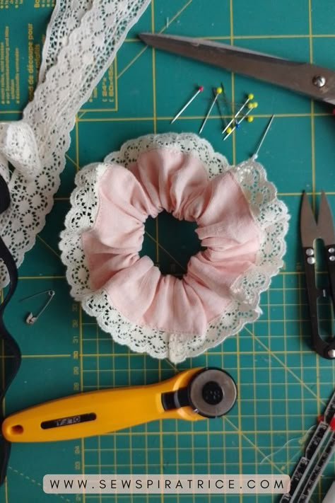 Looking for a tutorial on how to sew a scrunchie? Check out this easy guide on how to sew a scrunchie with lace trim. This DIY scrunchie tutorial walks you through the steps to sew a lace trim scrunchie using the burrito method for a neat finish. It's perfect for those into the trendy coquette aesthetic. Click for more and get started with this free sewing tutorial for scrunchies. Sew A Scrunchie, Circumference Of A Circle, Diy Hair Accessories Tutorial, Scrunchie Tutorial, Diy Circle Skirt, Diy Lace Trim, Diy Scrunchie, Sewing Aesthetic, Beginners Sewing