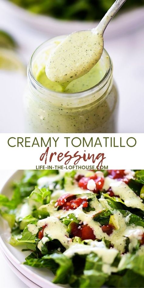 Creamy Tomatillo Dressing What Can You Make With Tomatillos, Creamy Tomato Dressing, Tomatillo Cream Sauce, Easy Tomatillo Recipes, Tomatillo Salad Dressing, Creamy Tomatillo Sauce, Tomitillo Recipes Chicken, Roasted Tomatillo Recipes, Tomitillo Recipes Roasted