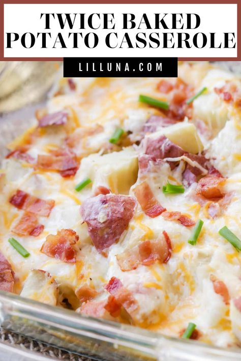 Twice Baked Potato Casserole - the classic potato dish in casserole form filled with red potatoes, cheese, sour cream, bacon and more. It's the perfect side dish to any holiday meal or dinner. #twicebakedpotatocasserole #potatocasserole #twicebakedpotato #potato #twicebaked Baked Potatoes Casserole, Double Baked Potatoes, Baked Red Potatoes, Twice Baked Potato Casserole, Leftover Baked Potatoes, Sour Cream Potatoes, Tarts Savory, Cream Cheese Potatoes, Loaded Baked Potato Casserole