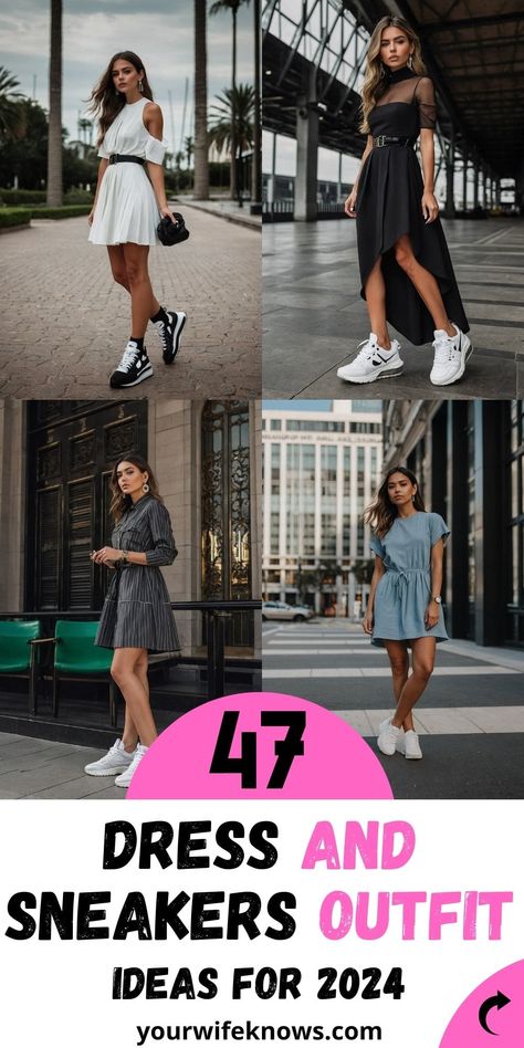 40 Dress and Sneakers Outfit Ideas: A 2024 Guide to Effortless Chic Fitted Dress And Sneakers Outfit, Dresses With New Balance Sneakers, Semi Formal Outfits For Women, Dresses With Tennis Shoes, Dress And Sneakers, Sneakers Outfit Work, Dress And Sneakers Outfit, Sneakers Outfit Summer, Sneakers Outfit Casual