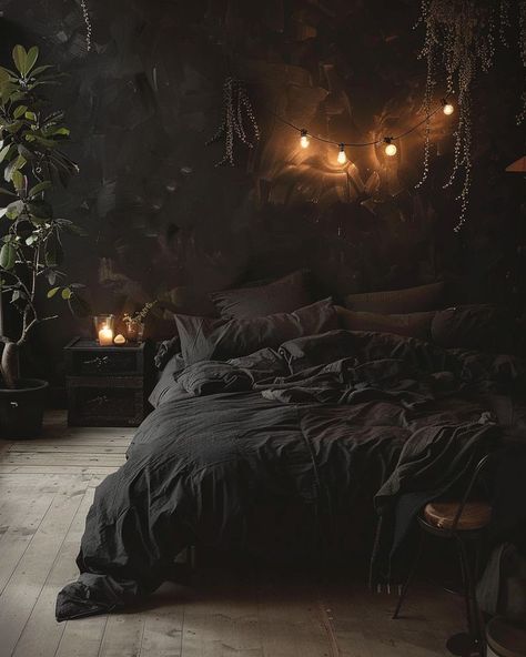 Gothic Feature Wall, Witchy Interior, Black Luxury House, Bedroom Feature Wall, Bedroom Moody, Dark Cozy Bedroom, Apartment Bedroom Ideas, Baddie Apartment, Cave Bedroom