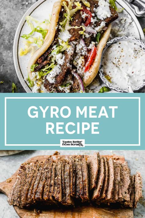 This homemade Gyros recipe has flavorful gyro meat wrapped in a pita and topped with lettuce, tomatoes, red onion, and tzatziki sauce. via @betrfromscratch Ground Beef Gyro Recipe, Gyro Meatloaf, Ground Beef Gyros Recipe, Gyro Recipe Beef, Homemade Lunch Meat, Homemade Gyro Meat, Homemade Gyros, Homemade Gyro, Bread Meals