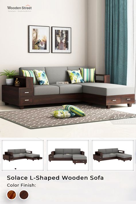 Sofa Design Wooden Modern, Indian Style Sofa Living Rooms, Wooden L Shaped Sofa, L Shaped Sofa Designs With Storage, Sofa With Side Storage, Sofa Setty Design, L Shaped Sofa Designs Wooden, Side Corners For Living Room, Compact Sofa Design