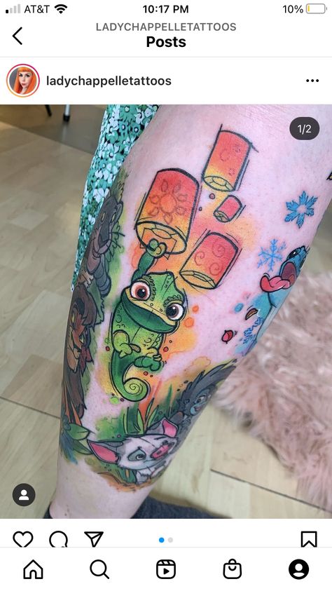 Disney Tangled Tattoo, Rapunzel Tattoo, Moana Tattoos, Pascal Tangled, Disney Inspired Tattoos, Disney Sleeve Tattoos, Colour Tattoo For Women, Tattoo Disney, Disney Sleeve