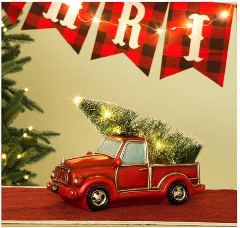 Vintage Red Truck with Christmas Tree - Celebrate & Decorate Red Truck With Christmas Tree, Truck With Christmas Tree, Modern Farmhouse Lighting, Vintage Pickup, Vintage Red Truck, Christmas Tree Truck, Black Christmas Trees, Table Shelf, With Christmas Tree