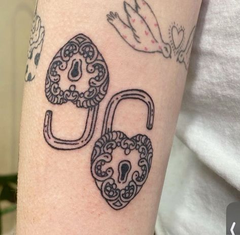 Matching Weird Tattoos, New Age Traditional Tattoo, Traditional Tattoo Ideas Female, Matching Shin Tattoos, Folk Style Tattoo, Connecting Tattoos Couples, European Traditional Tattoo, Trinket Tattoo, Fantastical Tattoos