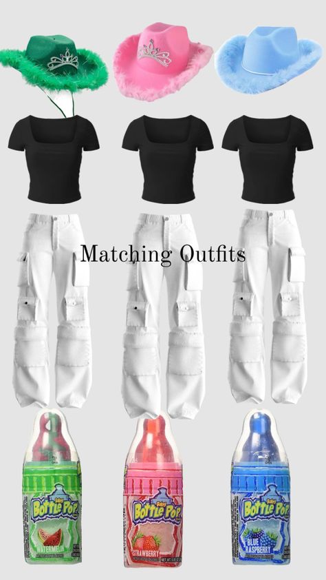 #outfitinspo #beauty #trios Trio Outfits Matching, Trio Matching Shirts, Matching Halloween Outfits Trio, Matching Outfits For Trios, Trio Matching Outfits Halloween, Trio Matching Outfits For School, Matching Trio Outfits, Trio Outfits, Trio Outfit Ideas