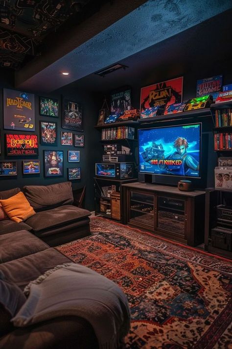 Dark Mancave Ideas, Basement Ideas Movie Room, 2 Tvs In Living Room, Retro Man Cave, Moody Movie Room, Man Cave Sports Room, Huge Tv In Living Room, Cozy Man Cave, Basement Man Cave Ideas