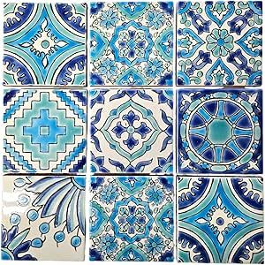 Set of 9 Decorative Ceramic Tiles – Hand Painted Indoor & Outdoor – Spanish Artisan Top Kitchen – Mediterranean Tiles 3.94x3.94" / One Tile – Durable Colorful – 140 g Each (Turquoise & Blue) Spanish Tile Backsplash, Kitchen Mediterranean, Mediterranean Tiles, Mediterranean Tile, Top Kitchen, Spanish Tile, Kitchen Tops, Tile Backsplash, Turquoise Blue