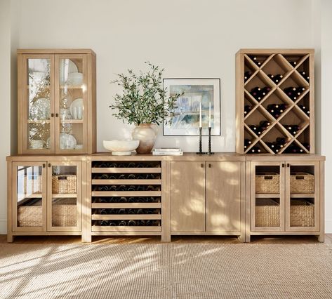 Modern Farmhouse Set with Wine Storage (136") | Pottery Barn Diy Sideboard With Wine Fridge, Farmhouse Bar Cabinet, Sideboard With Mini Fridge, Dining Room With Buffet Cabinet, Living Room Bar Cabinet Ideas, Wine Bar Cabinet Ideas, Dining Room Cabinets Built In Buffet With Wine Fridge, Built In Wine Fridge Cabinet, Dining Room Armoire