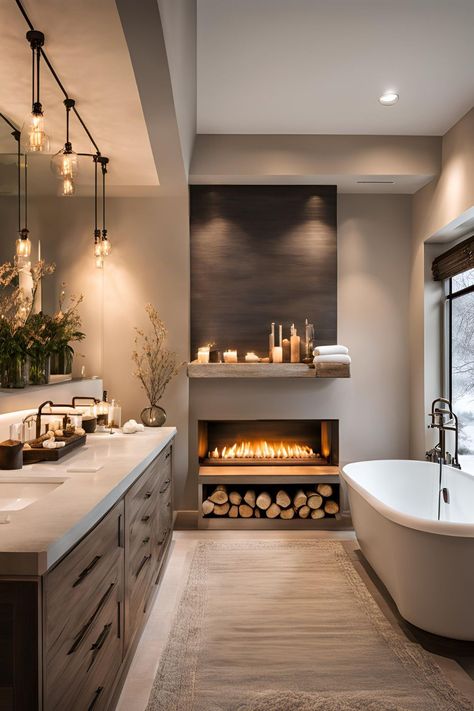 Luxurious Bathroom Farmhouse Electric Fireplace Ideas for a Spa-like Experience Fireplace Between Master Bed And Bath, Fireplaces In Bathrooms, Master Bath With Fireplace, Bathroom Fireplace Ideas, Farmhouse Electric Fireplace Ideas, Bathroom With Fireplace, Farmhouse Electric Fireplace, Electric Fireplace Ideas, Diy Mantle