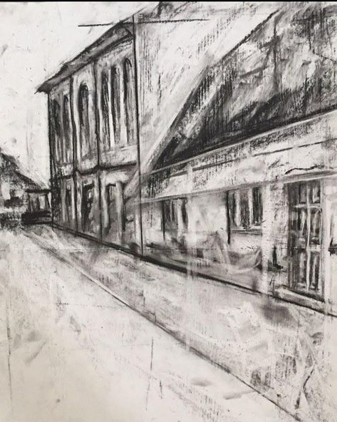 In this piece I really wanted to create movement to reflect the energy of childhood as this was my childhood town. I used charcoal smudges and to contrast with the movement, I added structural lines, necessary for a building. Dimensions were important to create illusion of distance. #art #charcoal #building #architecture #drawing #landscape #inspiration #graphite #beautiful #town #artist #home #childhood #love #commission #painting #pencil Childhood Love, Artist Home, Painting Pencil, Landscape Inspiration, Art Charcoal, Building Drawing, Beautiful Town, Tell My Story, Commission Painting