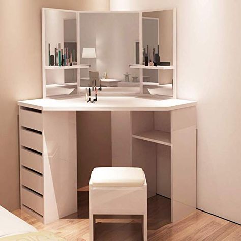 CLIPOP Coiffeuse Table de Maquillage Commode de Maquillage ... Corner Vanity Table, Girls Vanity Table, White Corner Desk, Corner Makeup Vanity, Corner Dressing Table, Corner Vanity, White Dressing Tables, Furniture Dressing Table, Mdf Panel