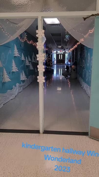 Winter Ball Dance Decorations, Winter Themed School Hallway, Winter Wonderland Office Door, Hallway Christmas Decorating Ideas Work, School Hallway Winter Wonderland, Winter Wonderland At School, Winter Wonderland Archway, Winter Wonderland Decorations For School Hallway, Hallway Winter Wonderland