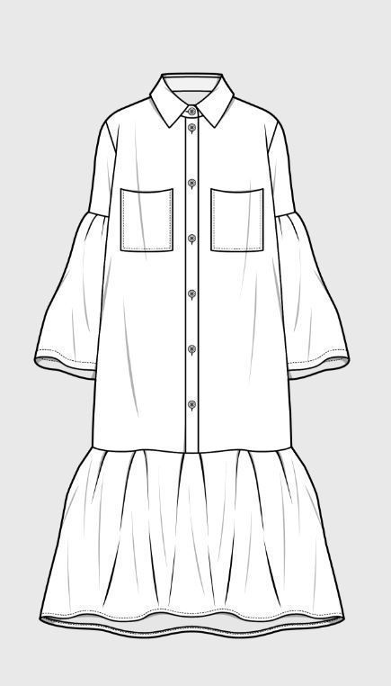 Shirt Dress Drawing, Shirt Dress Sketch, Shirt Dress Flat Sketch, Sleeve Flat Sketch, Flat Sketches Dress, Dress Technical Drawing, Dress Flat Sketch, Stile Hippie Chic, Celana Jogger Wanita