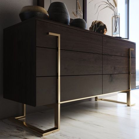 Brass Bedroom, Mid Century Bedroom, Modern Style Bedroom, Living Room Entertainment Center, Dark Ash, Living Room Entertainment, Gold Bedroom, Modern Dresser, 6 Drawer Dresser