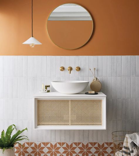 Bathrooms | Claybrook | Free Delivery Small Bathroom Tile Ideas, Small Bathroom Tiles, Orange Bathrooms, Glazed Brick, White Wall Tiles, Mid Century Bathroom, Small Toilet, Brick Tiles, Decoration Inspiration