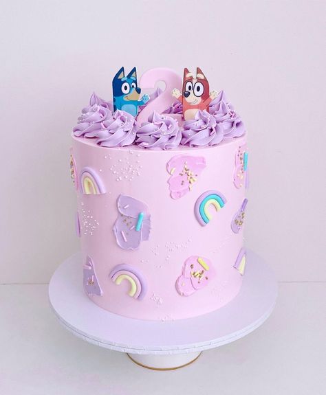 bluey cake Bluey Cake Girly, 2 Tier Bluey Cake Ideas, Bluey Dessert Table Setup, Bluey Girls Birthday Cake, Bluey Girl Cake, Bluey Party Cake, Bingo Bluey Cake Ideas, Bluey Themed Birthday Cake, Second Birthday Cake Girl