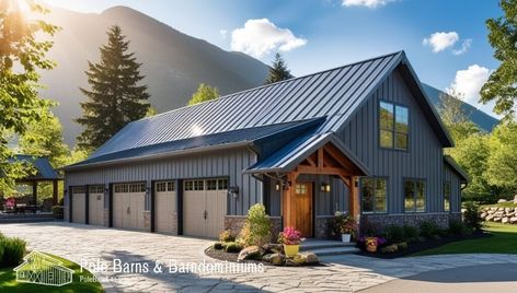 Blue Barndominium Inspiration: Exterior Ideas Dark Blue Barndominium, Barndominium Entrance, Blue Barndominium Exterior, Blue Barndominium, Barndominium Colors, Barndominium Inspiration, Barndominium Garage, Barndominium Exterior Ideas, Barndominium Exterior