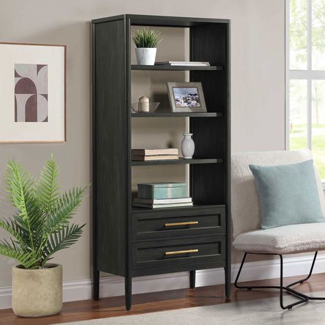 Better Homes & Gardens Oaklee 4-Shelf Bookcase with Storage Drawers, Charcoal Finish - Walmart.com Book Shelf With Drawers, Black Bookcase Living Room, Hallway Bookshelf, Paint Laminate Furniture, How To Paint Laminate, Black Bookshelves, Bookcase With Storage, Moody Office, Bookcase Ideas