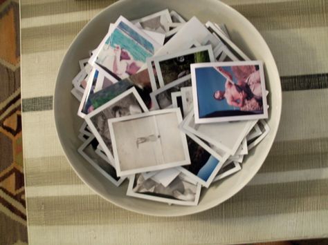 Polaroids in a Bowl - Perfect Way to Share Memories Polaroid Home Decor, Bowl Of Polaroids, Polaroid Arrangement, Mini Polaroid Display, Polaroid Bowl, Polaroid Arrangements On Wall, Polaroid Display, Barcelona Apartment, Aesthetic Ig