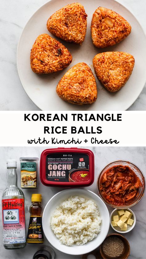 A hearty snack, side dish, packable lunch, or light meal: Korean Triangle Rice Balls. Also called Samgak JumeokBap, they're a satisfying and delicious combination of rice and kimchi. Easy to pack and easy to hold, these dense little rice balls are also easy to prepare. To add a little decadence, place a cube of cheese in the center and air fry until molten and gooey. YUM! Jumeokbap Recipe, Korean Rice Balls Recipes, Kimchi Easy, Korean Rice Balls, Rice And Kimchi, Rice Balls Recipe, Packable Lunch, Hearty Snacks, Korean Snacks