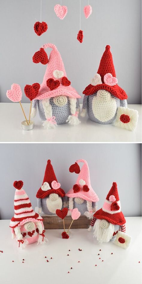 This is you and your sweetheart, yep? 🥰 Make this lovely Valentine's Gnome Set with a free crochet pattern. It’s a simple amigurumi gnome, but stunning. The set will be a nice gift for any pair you want to please on Valentine's Day. #freecrochetpattern #crochetgnome #amigurumi #amigurumignome #amigurumitoy #valentinesday #valentinesdaygift #valentinesdaygiftidea Valentines Gnome Crochet, Crochet Gifts For Valentines Day, Cute Valentines Day Crochet, Crochet Valentine Decor Patterns, Quick Crochet Valentine Gifts, Crocheted Valentines Patterns, Knitted Valentines Ideas, Free Valentine’s Day Crochet Patterns, Crochet Ideas Valentines Day