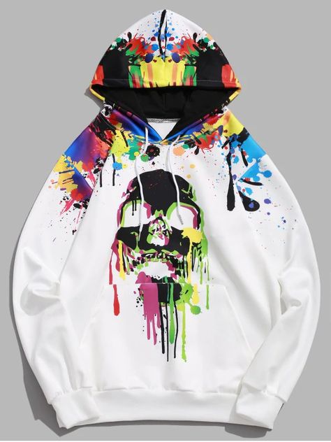 Halloween Colored Skull Painting Splatter Print Pullover Hoodie - WHITE 3XL Jeans Art, Painting Hoodie, Cheap Sweatshirts, Music Festival Outfits, Stylish Hoodies, Skull Painting, Hoodie White, Womenswear Fashion, Fall Hoodies