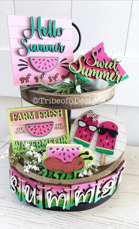 Hello Summer Sign, Cute Popsicle, Summer Tiered Tray Decor, Watermelon Crafts, Summer Tiered Tray, Summertime Crafts, Tiered Tray Ideas, Watermelon Decor, Diy Summer Crafts