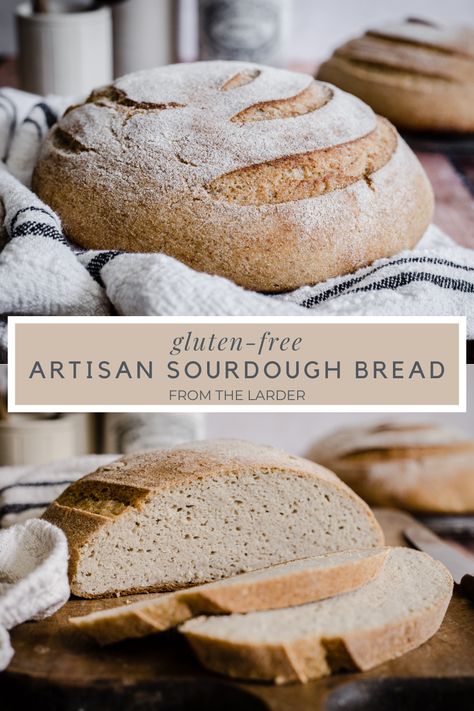 If you think that baking a loaf of gluten-free sourdough sounds like an impossible dream then this recipe will definitely change your mind. This incredible Gluten-Free Artisan Sourdough Bread has a cracking crust, soft and airy interior and tasty flavour. This recipe is vegan, no knead and made without any commercial yeast. #FromTheLarder #GlutenFreeBread #Sourdough #VeganBread #NoYeast Gluten Free Sourdough Bread Recipe, Artisan Sourdough Bread, Gluten Free Sourdough Starter, Gluten Free Sourdough Bread, Homemade Gluten Free Bread, Artisan Sourdough, Gluten Free Sandwich Bread, Gluten Free Sourdough, Sorghum Flour