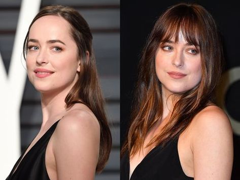 What 50+ Celebrities Look Like With and Without Bangs - Celebrity Bangs Hairstyles Celebrity Bangs, Hair Without Bangs, Korean Bangs Hairstyle, Dakota Johnson Hair, Hair Clipart, Side Bangs Hairstyles, Oval Face Shapes, Short Hair With Bangs, Haircuts With Bangs