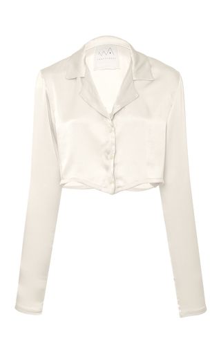 This **AWAVEAWAKE** Silk Button Down Top features a relaxed fit with a v neckline, notch lapel, long sleeves and cropped hem. Long Sleeve Silk Top, Silk Button Down, Crop Top With Buttons, Silk Button Up Shirt, White Silk Top, V Neck Crop Top, Silk Crop Top, Silk Button Up, White Long Sleeve Top