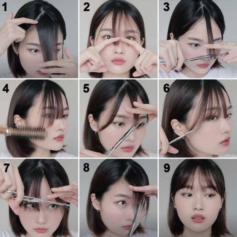 Cut Curtain Bangs, Layers Tutorial, Korean Bangs Hairstyle, Bangs Cut, Bangs Curtain, Fashion Quiz, Cut Bangs, Shot Hair, Bangs Tutorial