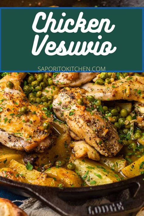 Classic chicago style chicken vesuvio made with roasted bone in chicken, yellow potatoes, peas and a lemon garlic wine sauce. This easy one skillet meal makes the best Sunday dinner! Chicken Vesuvio Recipe, Chicken Vesuvio, Garlic White Wine Sauce, Roasted Potato Wedges, Chicken Roasted, Bone In Chicken, Yellow Potatoes, One Skillet Meals, Italian Chicken