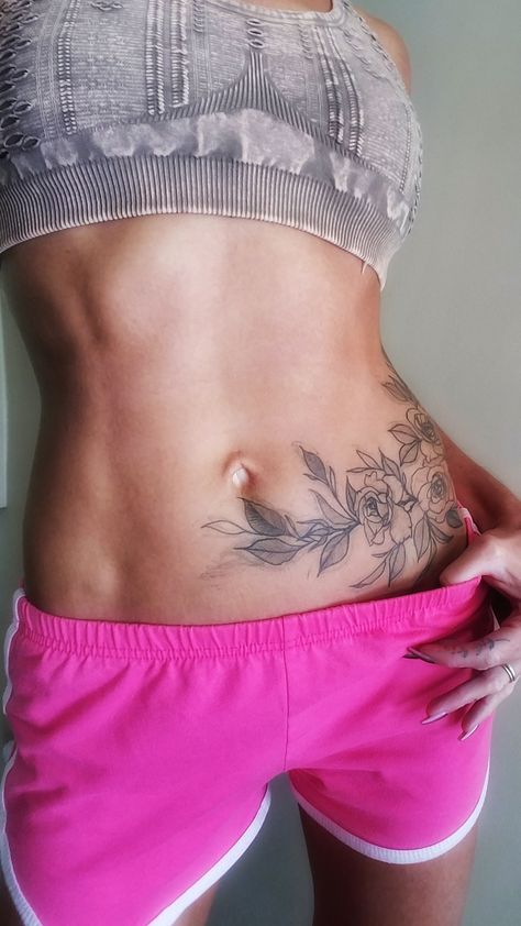 Lower Belly Hip Tattoo, Under Belly Button Tattoos For Women, Belly Button Scar Tattoo Cover Up, Thigh To Stomach Tattoo, Stomach Stretch Mark Tattoo, Full Belly Tattoo, Abdominal Tattoos Women Lower, Lower Stomach Tattoos For Women Cover Up, Tattoo Over Strechmark