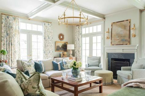 Formal Living Room No Fireplace, Family Room Design Traditional, Thibaut Living Room, One Kings Lane Living Room, Blue Green Family Room, Classic Style Living Room Decor, Blue Green Wood Living Room, Blues Greens Living Room, Southern Living Family Room