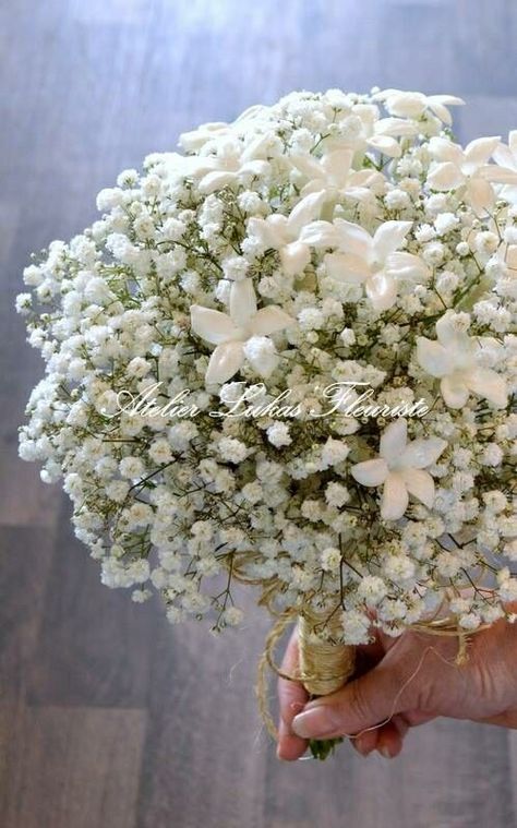 Pretty "All White" Wedding Bouquet: Gypsophila (Baby's Breath) & Stephanotis (Madagascar Jasmine) Stephanotis Wedding Bouquet, Madagascar Jasmine, Creative Wedding Centerpieces, Wedding Bucket, Outdoor Wedding Backdrops, White Gypsophila, Brides Flowers Bouquet, Gypsophila Wedding, Gypsophila Bouquet