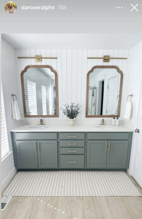 Master Bathrooms Modern Farmhouse, Bathroom Remodel With Blue Cabinets, Sage Green Shiplap Bathroom, Bathroom With Sage Green Vanity, Coastal Bathroom Remodel Ideas, Light Green Vanity Bathroom, Southern Living Bathroom Ideas, Bathroom Tall Ceiling, Guest Bathroom Ideas Double Sink