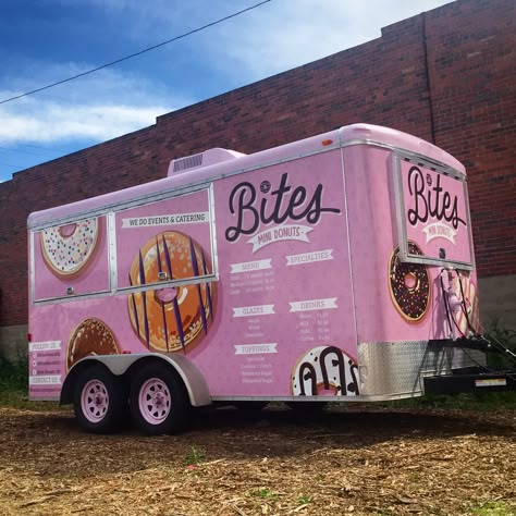 Bites Mini Donuts Food Truck Trailer Denver, Colorado #BitesDonuts #MiniDonuts… Donut Food Truck Design, Food Trailer Wrap Ideas, Food Truck Design Graphics, Truck Design Graphics, Cake Food Truck, Donut Trailer, Diy Food Truck, Donut Food Truck, Mobile Business Ideas