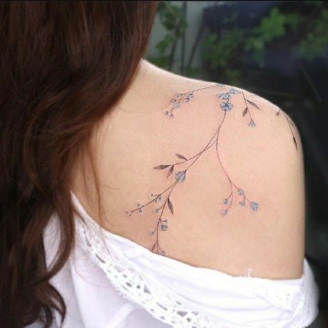 By: @tattooist_yeon | Modern tattoos, Simplistic tattoos, Tattoos Larkspur Shoulder Tattoo, Lavender Tatoos Ideas, Unique Line Tattoos, Botanisches Tattoo, Flower Vine Tattoos, Wrap Around Tattoo, Vine Tattoos, Tatuaje A Color, Modern Tattoos