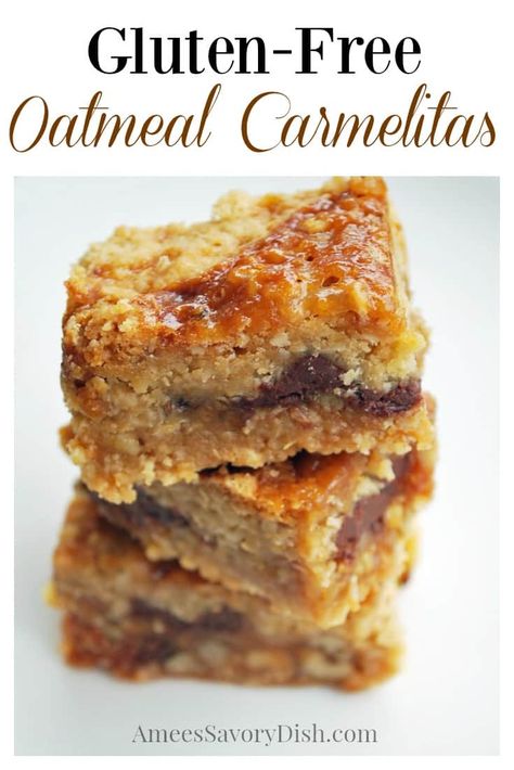 Oatmeal Carmelitas, Carmelita Bars, Chewy Oatmeal Bars, Carmelitas Recipe, Gluten Free Cookie Bars, Gf Treats, Gf Cookies, Gluten Free Bars, Easy Gluten Free Desserts