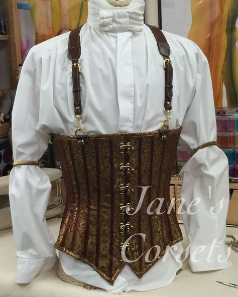 Sidekick Aesthetic, Male Corsets, Male Corset, Fae Realm, Brocade Corset, Brown Corset, Armor Clothing, Corset Outfit, Leather Suspenders